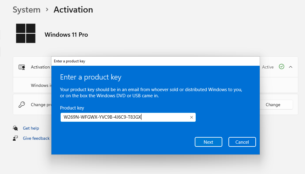 Using a Windows 10/11 Pro OEM product key to upgrade from Home to Pro.