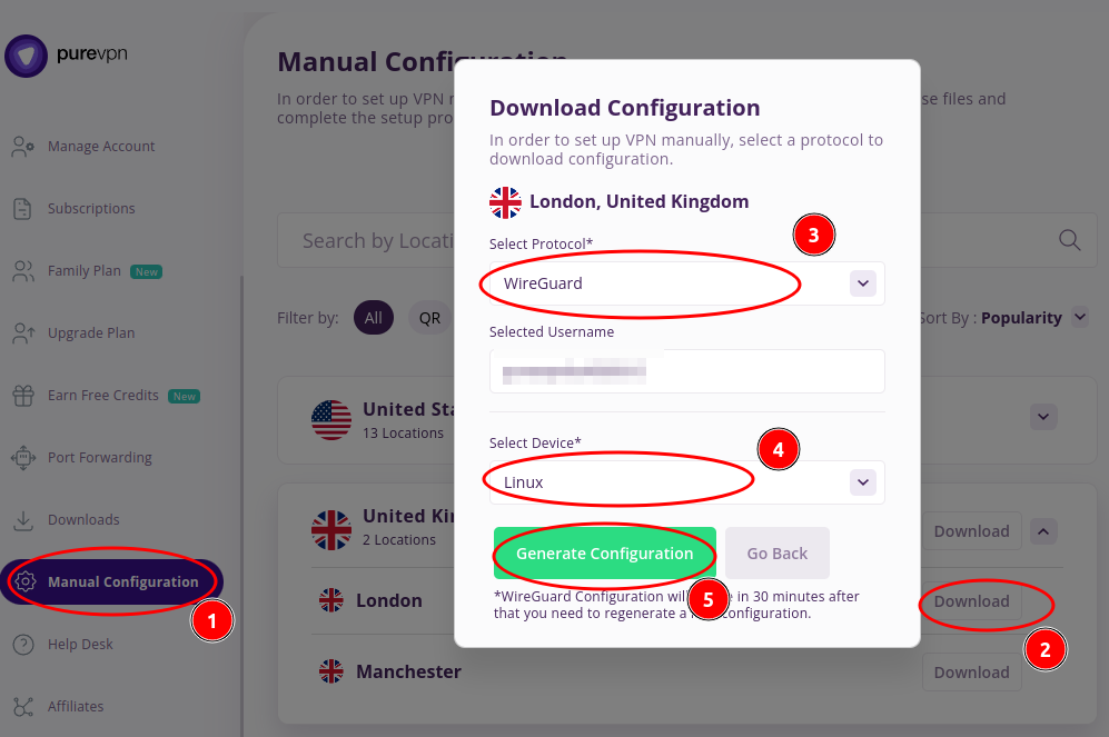 Configuring PureVPN with Wireguard as a socks5 proxy without expiration