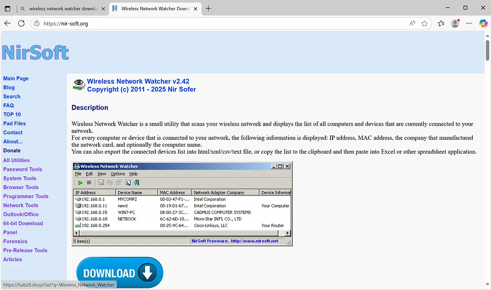 Legitimate website (left) vs malicious website masquerading as NirSoft (right)