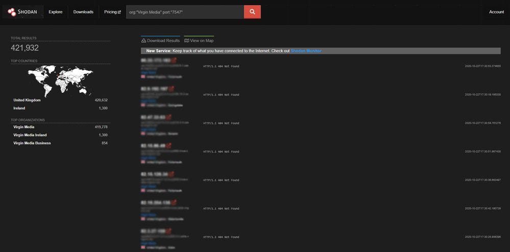 Shodan search results for TCP 7547 being open on Virgin Media IP addresses (22nd October)