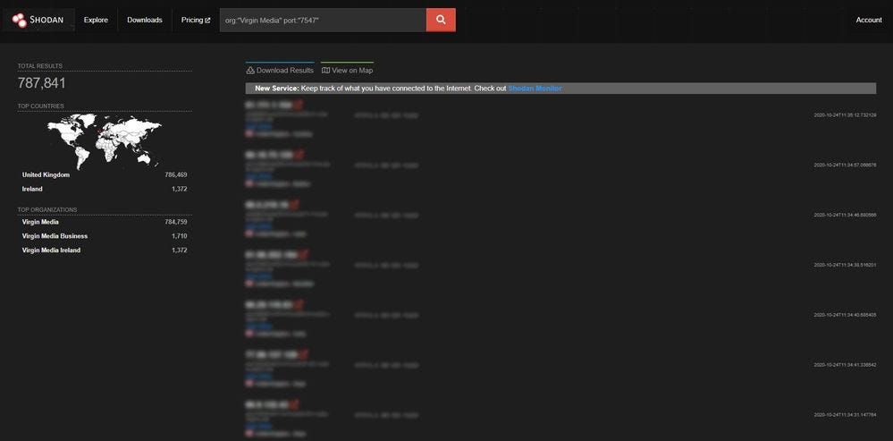 Shodan search results for TCP 7547 being open on Virgin Media IP addresses (24th October)